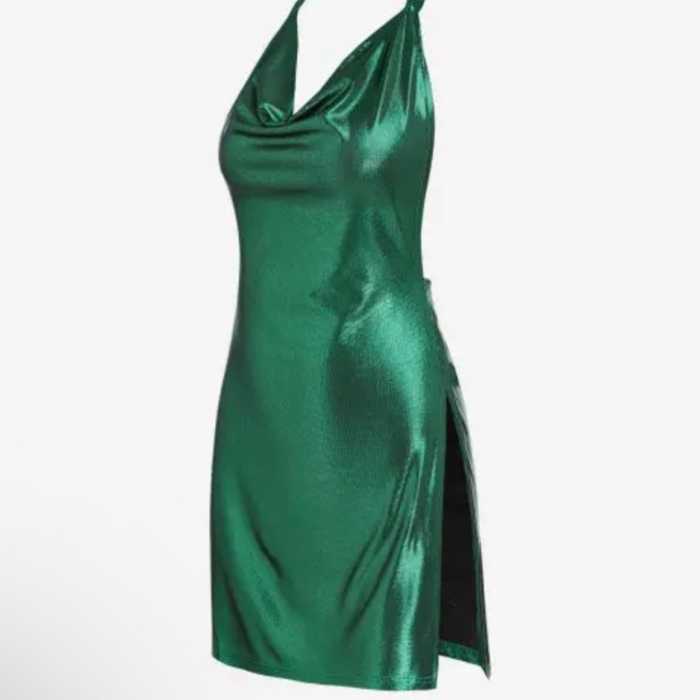 Zaful Sparkly Backless Slit Halter Green Dress